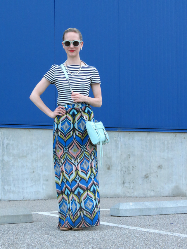 print mixing, maxi skirt, mint Rebecca Minkoff bag, mint sunglasses, Ikea fail