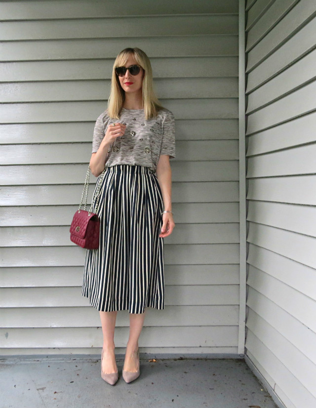 J. Crew striped midi skirt, embellished tee, gray suede pumps, bugundy quilted bag