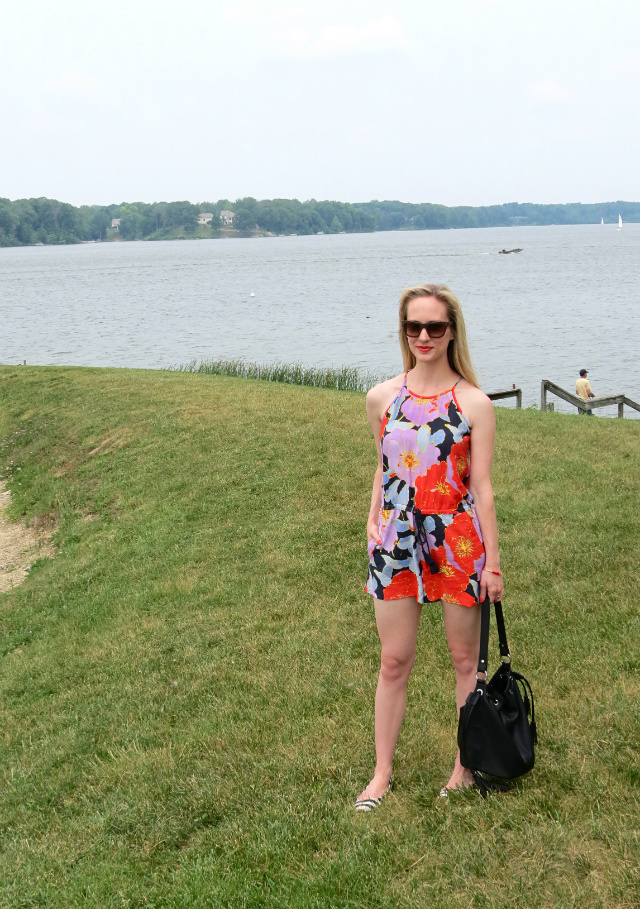 Loft floral romper, striped flats, bucket bag, Indianapolis style bloggers