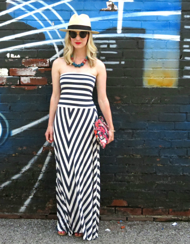 21 SUMMER WEEKEND OUTFIT IDEAS striped maxi dress + floral clutch + chunky necklace + straw fedora