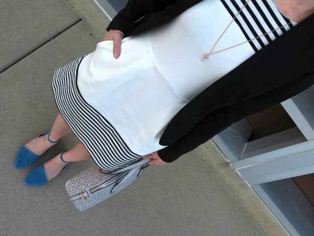 black white and gray outfit, Madewell verse dress striped, H&M blazer, lawyer style blogger