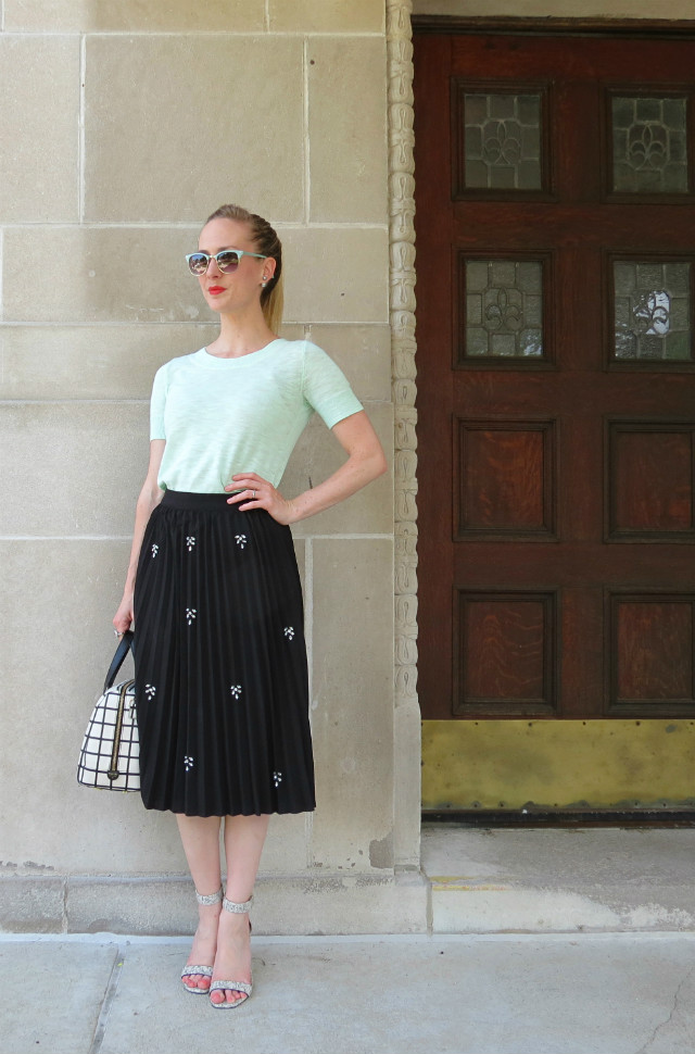 pleated midi skirt, mint short sleeve sweater, mint retro sunglasses, outfit, Indianapolis style blogger