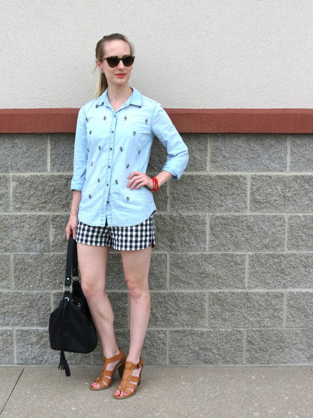 embellished chambray, gingham shorts, bucket bag outfit