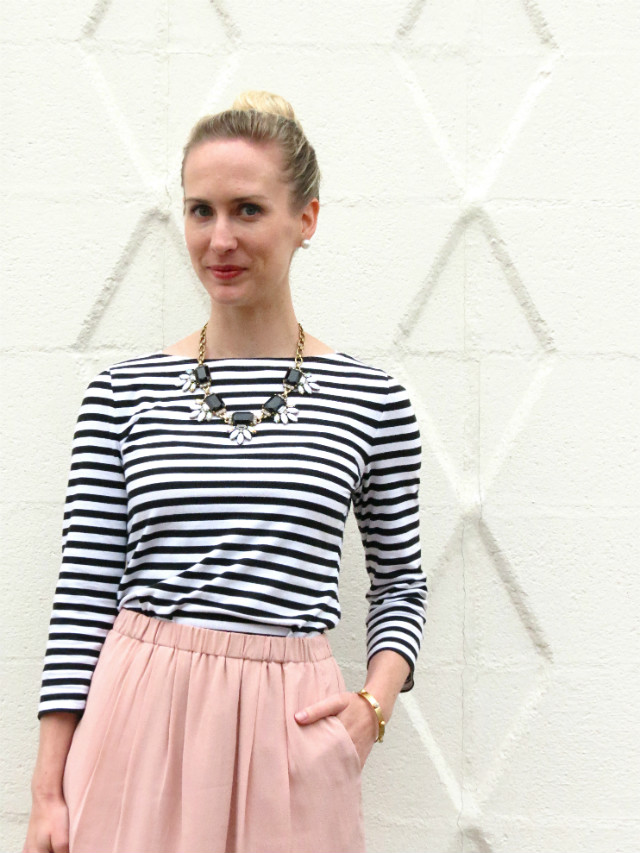 Target stripe tee, Madewell blush silk skirt, Happiness Boutique black and white statement necklace, structural wedges