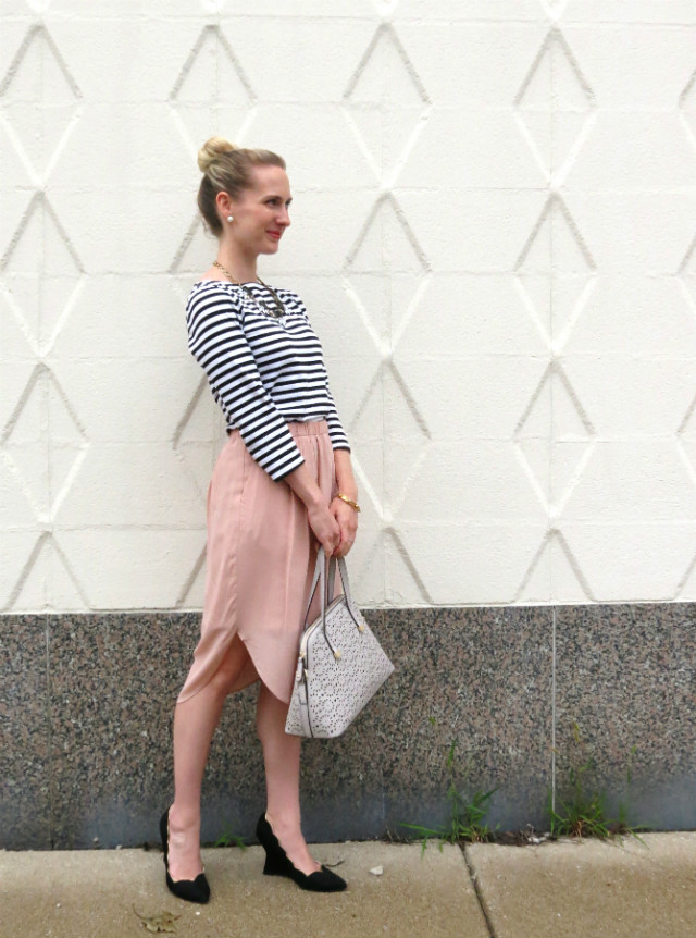 Target stripe tee, Madewell blush silk skirt, Happiness Boutique black and white statement necklace, structural wedges
