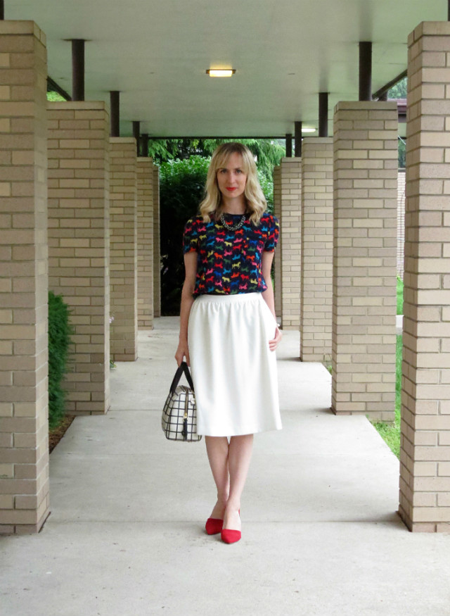midi skirt, red d'orsay pumps, mixed prints, windowpane print