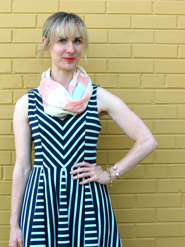 striped fit and flare dress, summer scarf, Ann Taylor snakeskin wedges, colorblock bag