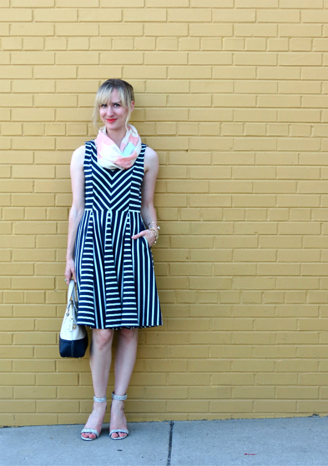 striped fit and flare dress, summer scarf, Ann Taylor snakeskin wedges, colorblock bag