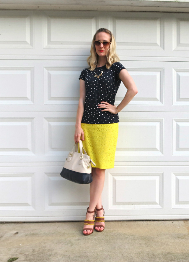 yellow pencil skirt, polka dot tee, Joe's Jeans sandals, colorblock bag, striped retro wayfarers, outfit
