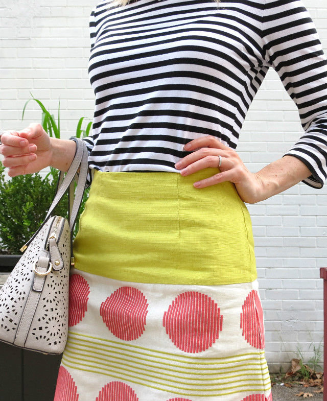 Boden USA skirt, stripe tee outfit, bow pumps