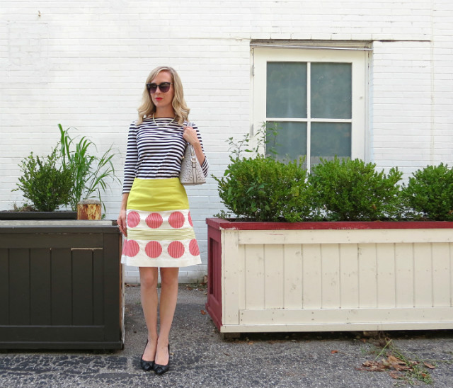 Boden USA skirt, stripe tee outfit, bow pumps