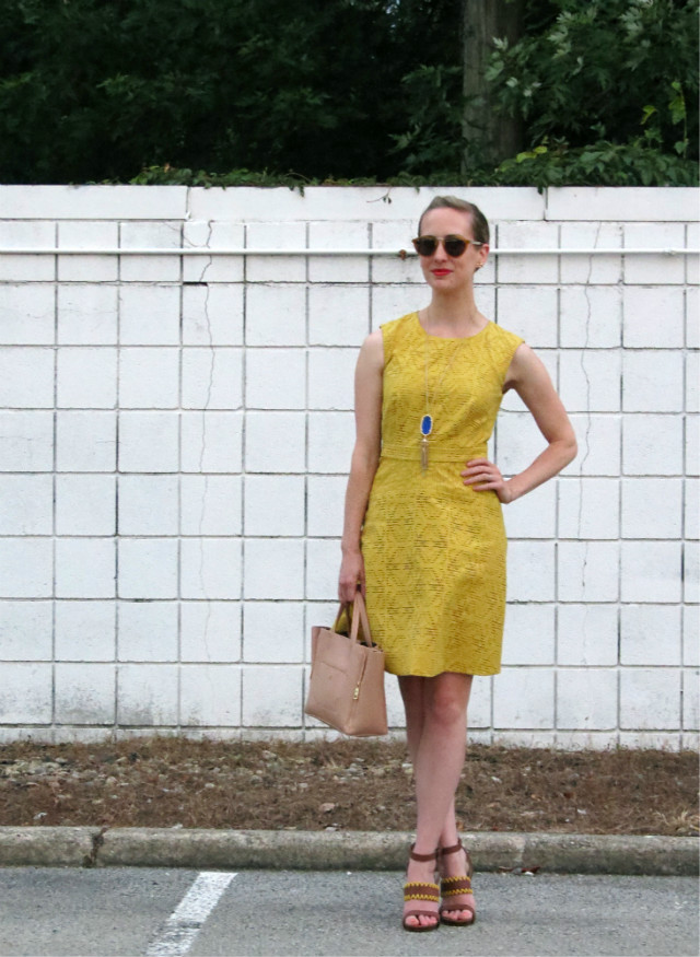 J. Crew yellow dress, Joe's Jeans sandals, Madewell sunglasses, Macy's back to school event Indianapolis