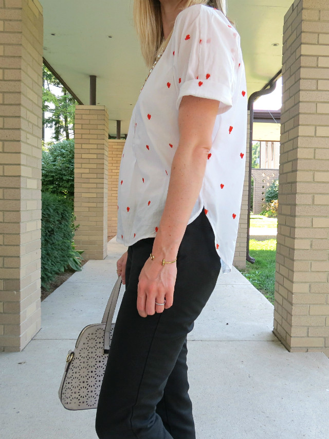 Loft French Hen shirt, Valentino rockstud flats dupes, ankle pants outfit