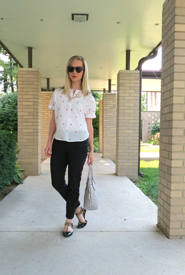 Loft French Hen shirt, Valentino rockstud flats dupes, ankle pants outfit