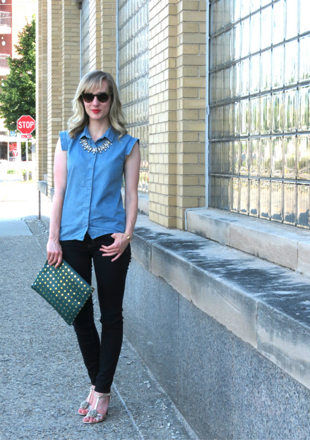 denim on denim outfit, gold sandals, polka dot clutch, Indianapolis style blog