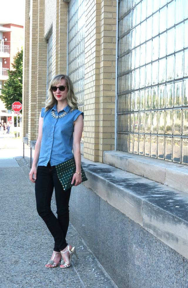 denim on denim outfit, gold sandals, polka dot clutch, Indianapolis style blog