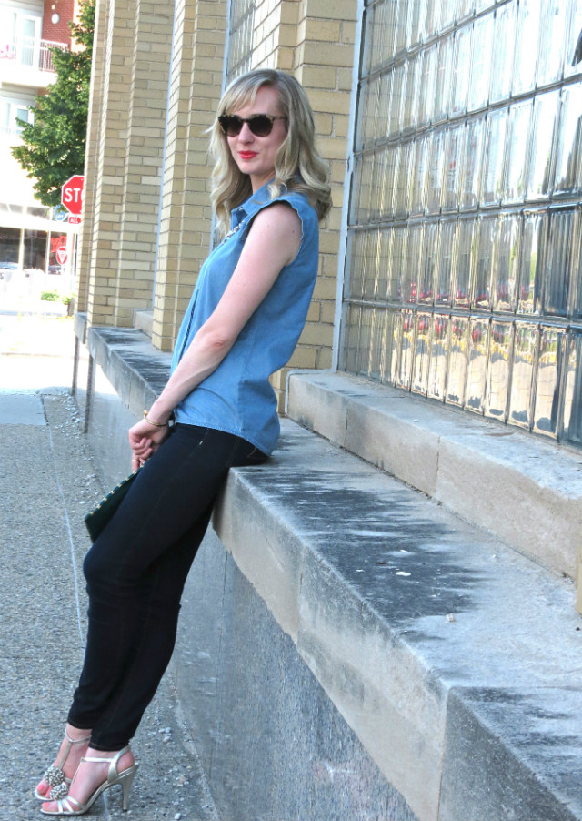 denim on denim outfit, gold sandals, polka dot clutch, Indianapolis style blog