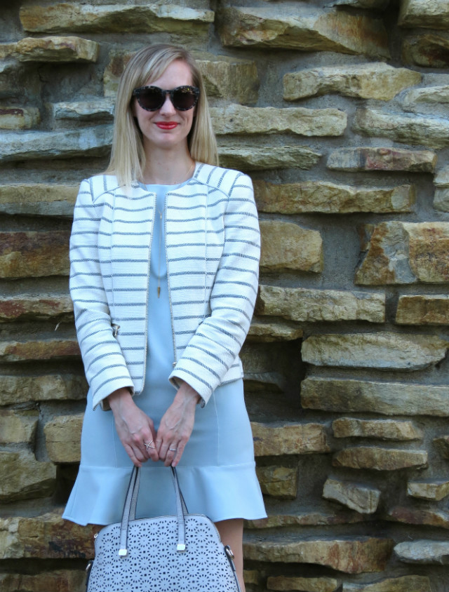 drop waist pastel dress, striped collarless blazer, gray suede flats, lawyer style blog