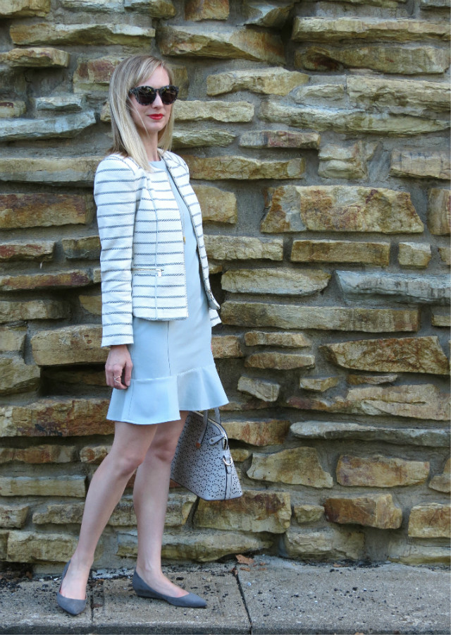 drop waist pastel dress, striped collarless blazer, gray suede flats, lawyer style blog