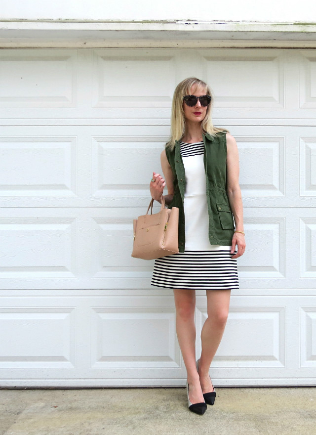 army green cargo vest, Madewell striped dress, cap toe pumps outfit, Indianapolis lawyer style blog