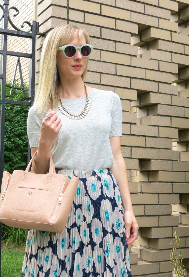 pleated midi skirt, mint heels outfit