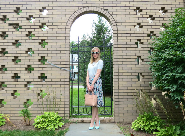 pleated midi skirt, mint heels outfit