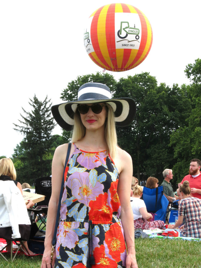 Loft romper, striped hat Merona, rose gold jewelry, ISO Symphony on the Prairie