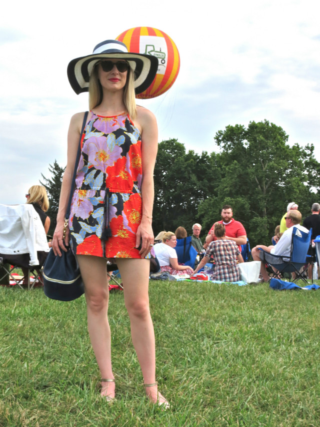 Loft romper, striped hat Merona, rose gold jewelry, ISO Symphony on the Prairie