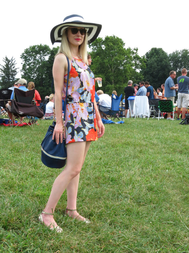 Loft romper, striped hat Merona, rose gold jewelry, ISO Symphony on the Prairie