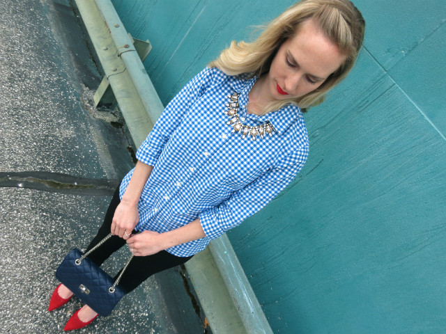 gingham perfect shirt, ponte pants, red perforated pumps