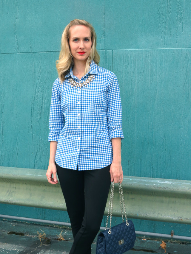 gingham perfect shirt, ponte pants, red perforated pumps