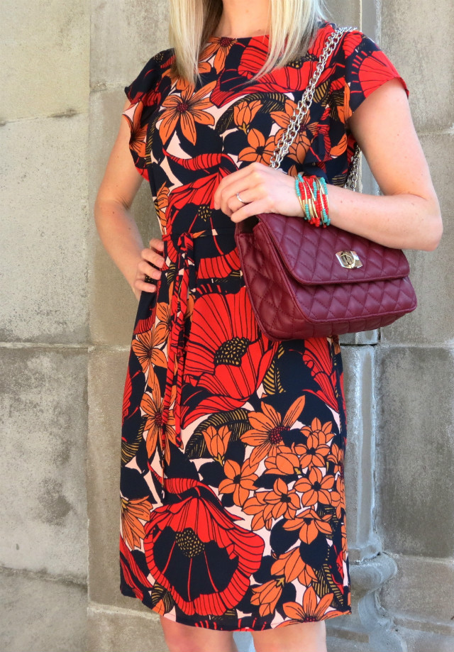 fall floral dress, fall transition outfit, burgundy quilted bag
