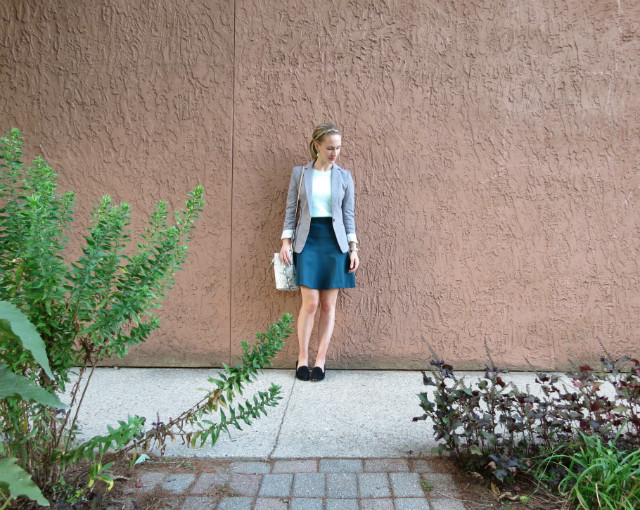 mint and teal, flared skirt, minimalist watch, jersey blazer