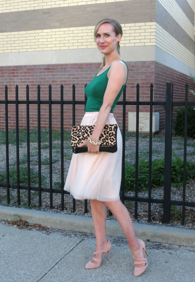 Carrie Bradshaw inspired tutu and tank top outfit, leopard clutch, Idiot's Guide to Everyday Makeup