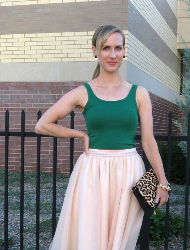 Carrie Bradshaw inspired tutu and tank top outfit, leopard clutch, Idiot's Guide to Everyday Makeup