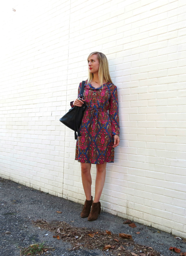 paisley dress, fringe ankle boots, how to wear ankle boots 2015