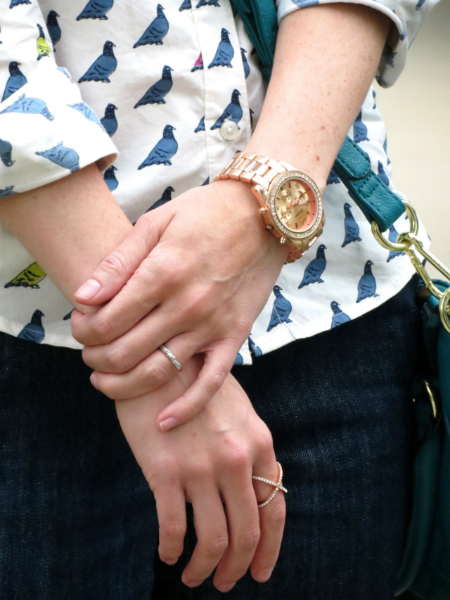 Boden pigeon print shirt, flared trouser jeans, rose gold watch, Indianapolis style blog