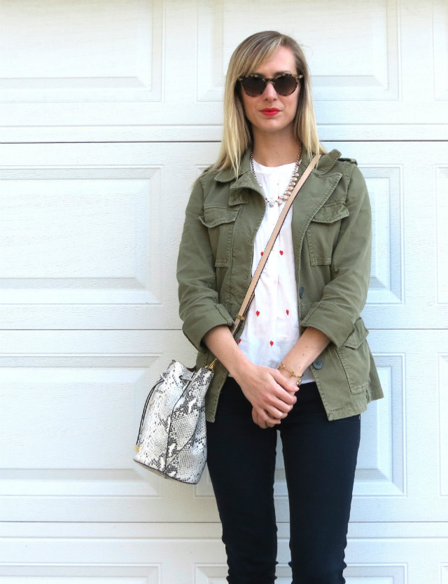 white embroidered shirt, olive army utility jacket, bucket bag, French Connection colorblock pumps