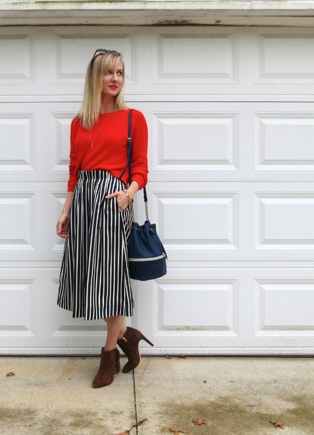 J. Crew striped midi skirt, midi skirt with ankle boots, bucket bag, fall fashion 2015