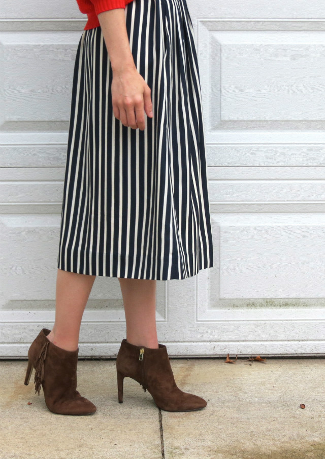 J. Crew striped midi skirt, midi skirt with ankle boots, bucket bag, fall fashion 2015