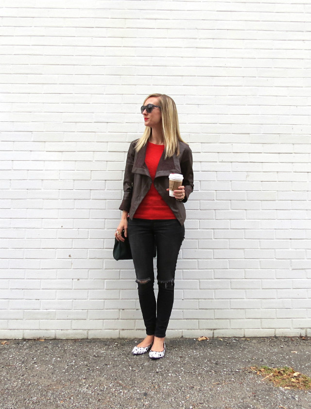 black distressed skinny jeans, haircalf speckled flats, orange sweater, brown leather jacket