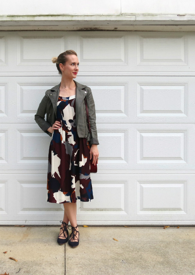 print midi dress, gray faux leather moto jacket, lace up flats