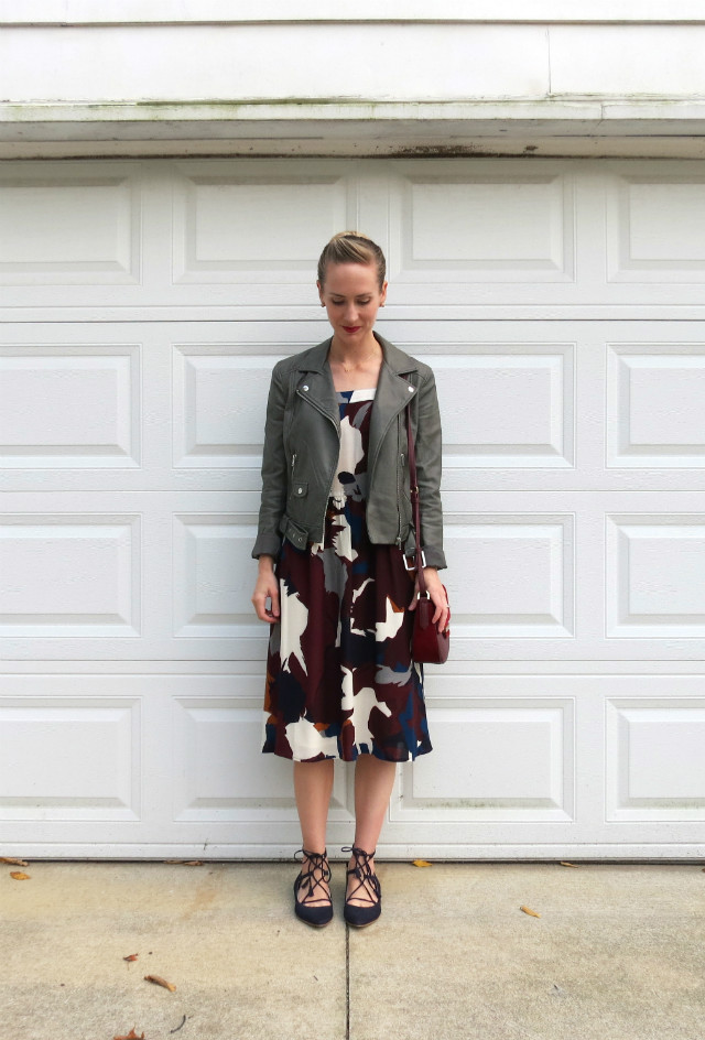 print midi dress, gray faux leather moto jacket, lace up flats