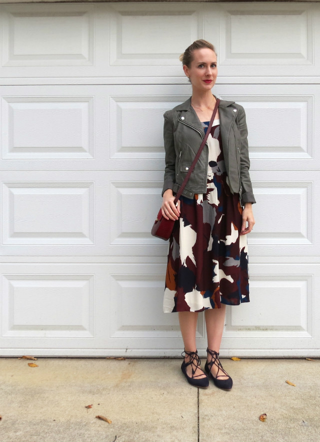 print midi dress, gray faux leather moto jacket, lace up flats