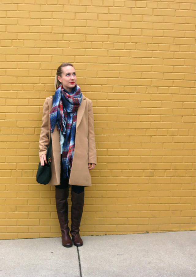 Target plaid scarf, camel coat, brown over-the-knee boots