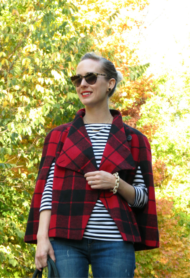 plaid cape, mixed prints, cuffed jeans and ankle boots, fall fashion 2015