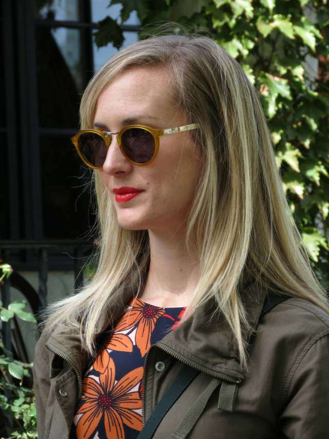 orange floral dress, olive army jacket, navy lace-up flats under $100, yellow Madewell sunglasses