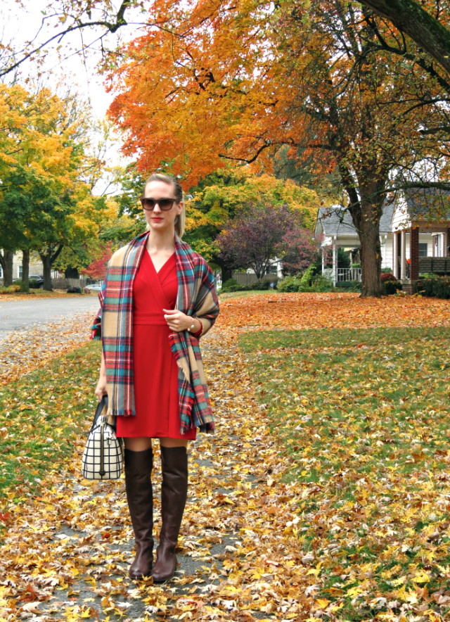 red wrap dress, plaid blanket scarf, Fossil print satchel, over the knee boots