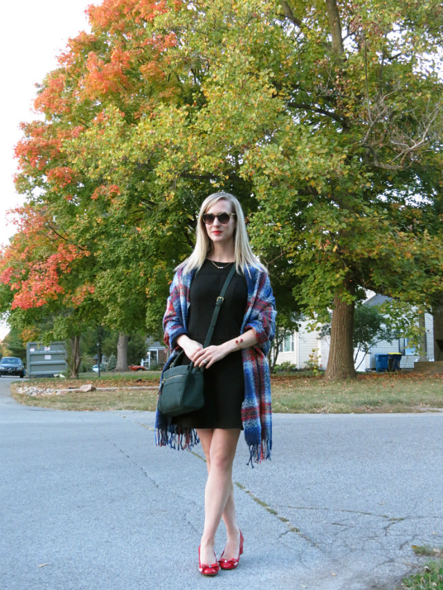 how to wear a blanket scarf, LBD, red bow pumps Michael Kors