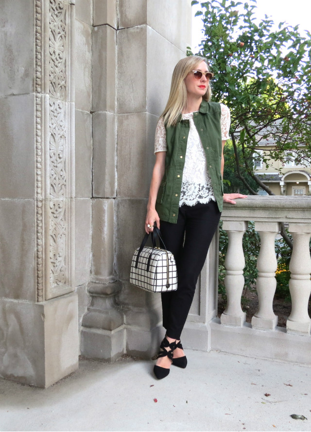 lace tee, utility vest, Indianapolis style blog